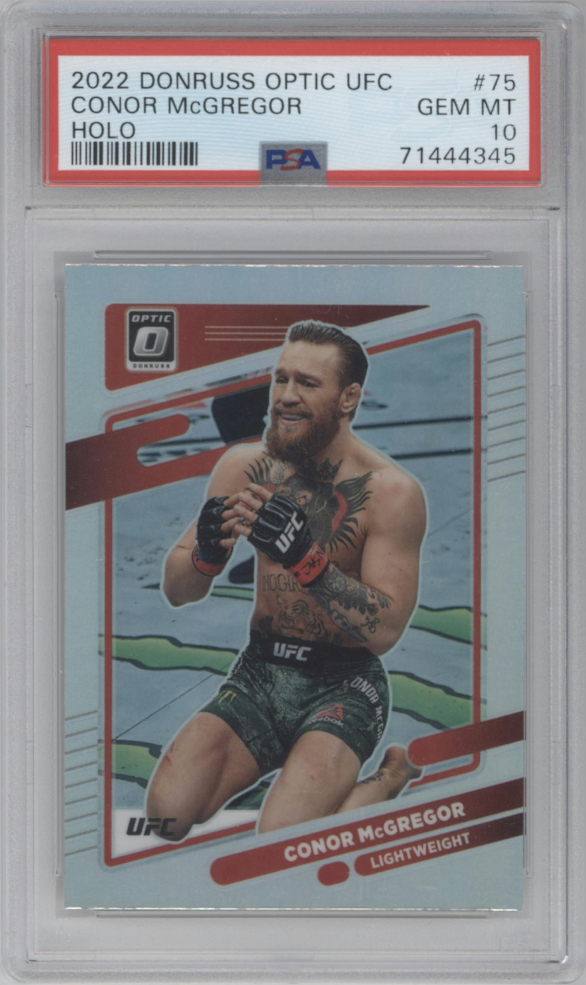 Conor McGregor from the 2022 Donruss Optic UFC set featuring a Holo parallel graded by PSA and given an overall grade of 10.
