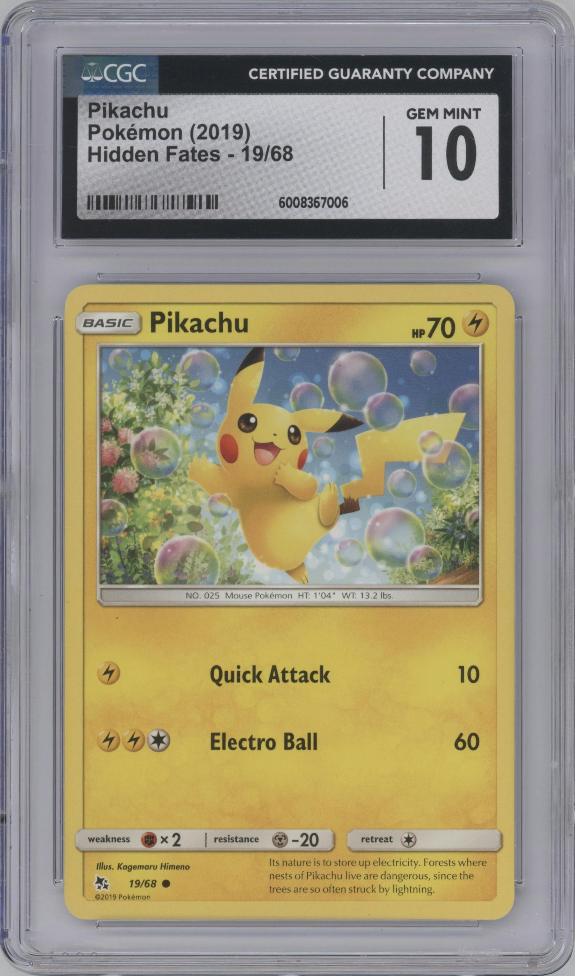 Pikachu from the 2019 Pokemon S&M  set graded by CSG and given an overall grade of 10.