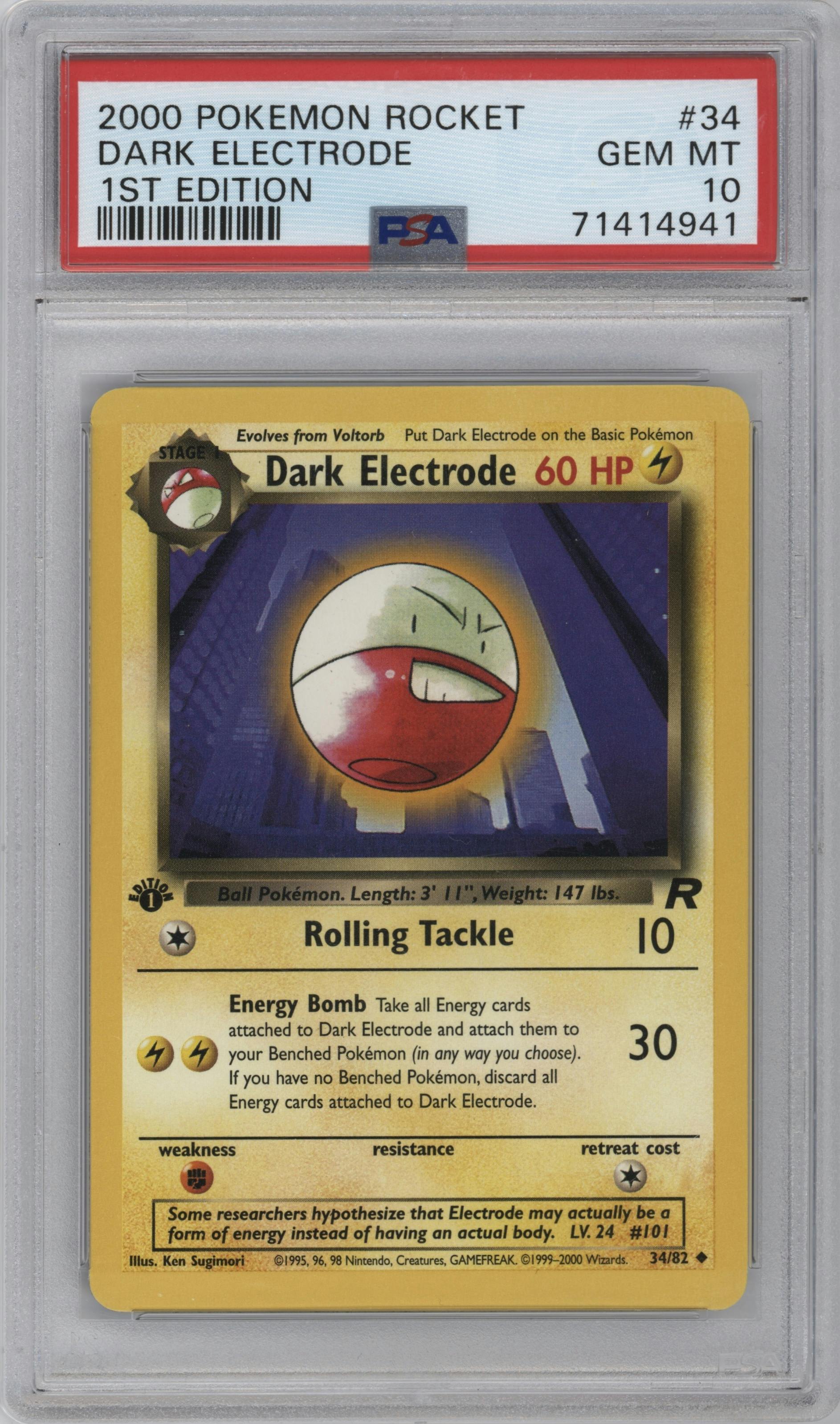 Dark Electrode from the 2000 Pokemon set graded by PSA and given an overall grade of 10.