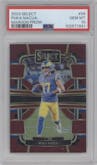 Puka Nacua from the 2023 Panini Select set featuring a Maroon Prizm parallel graded by PSA and given an overall grade of 10.