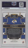 Puka Nacua from the 2023 Panini Select set featuring a Maroon Prizm parallel graded by PSA and given an overall grade of 10.