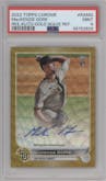 MacKenzie Gore from the 2022 Topps Chrome set featuring a Gold Wave Refractor parallel graded by PSA and given an overall grade of 9.