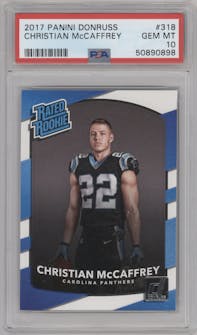 Christian McCaffrey from the 2017 Panini Donruss set graded by PSA and given an overall grade of 10.