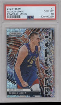 Nikola Jokic from the 2023-24 Panini Prizm set featuring a Mojo Prizm parallel graded by PSA and given an overall grade of 10.