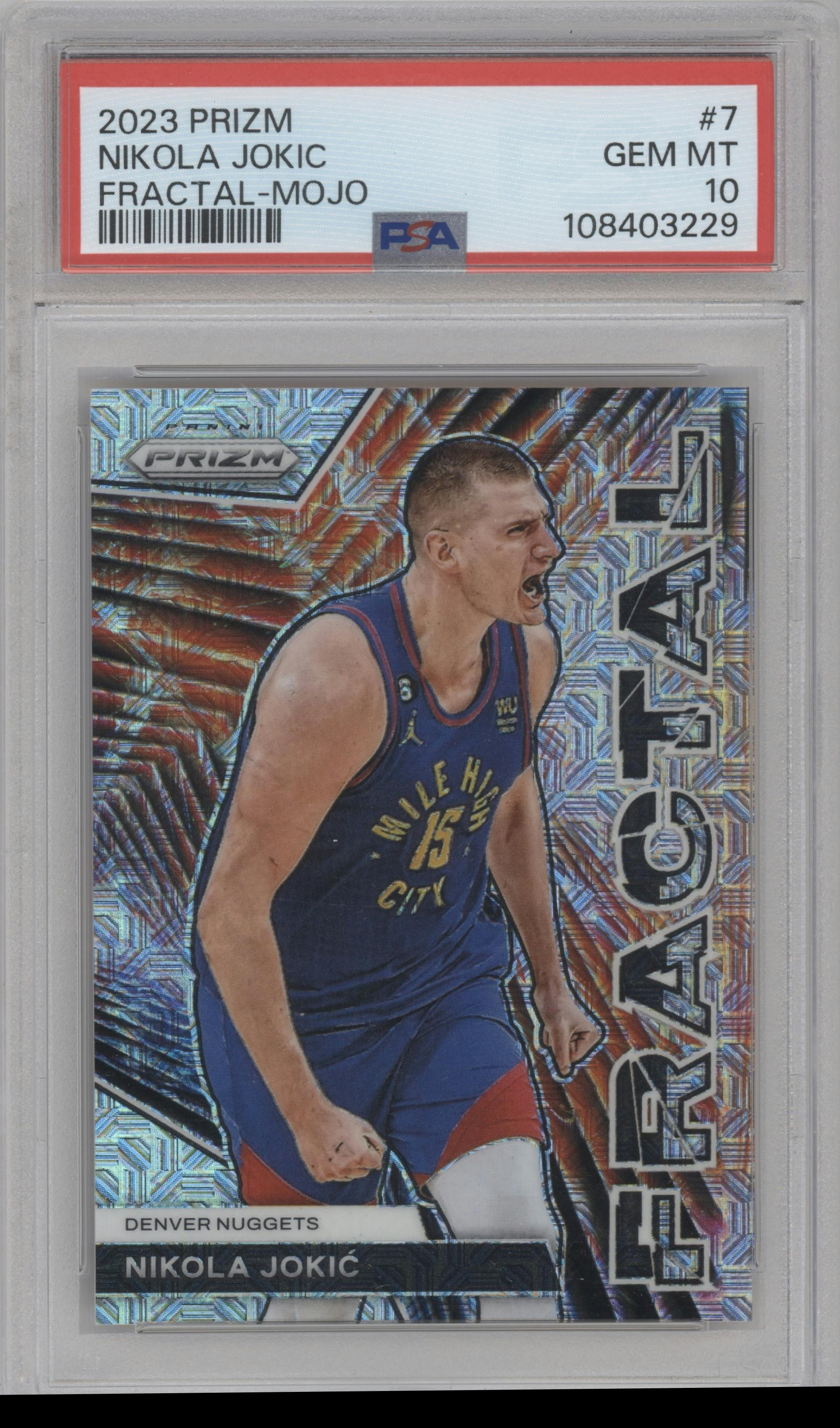 Nikola Jokic from the 2023-24 Panini Prizm set featuring a Mojo Prizm parallel graded by PSA and given an overall grade of 10.