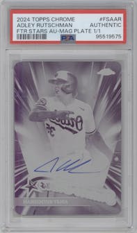Adley Rutschman from the 2024 Topps Chrome set featuring a Printing Plate Magenta parallel graded by PSA.