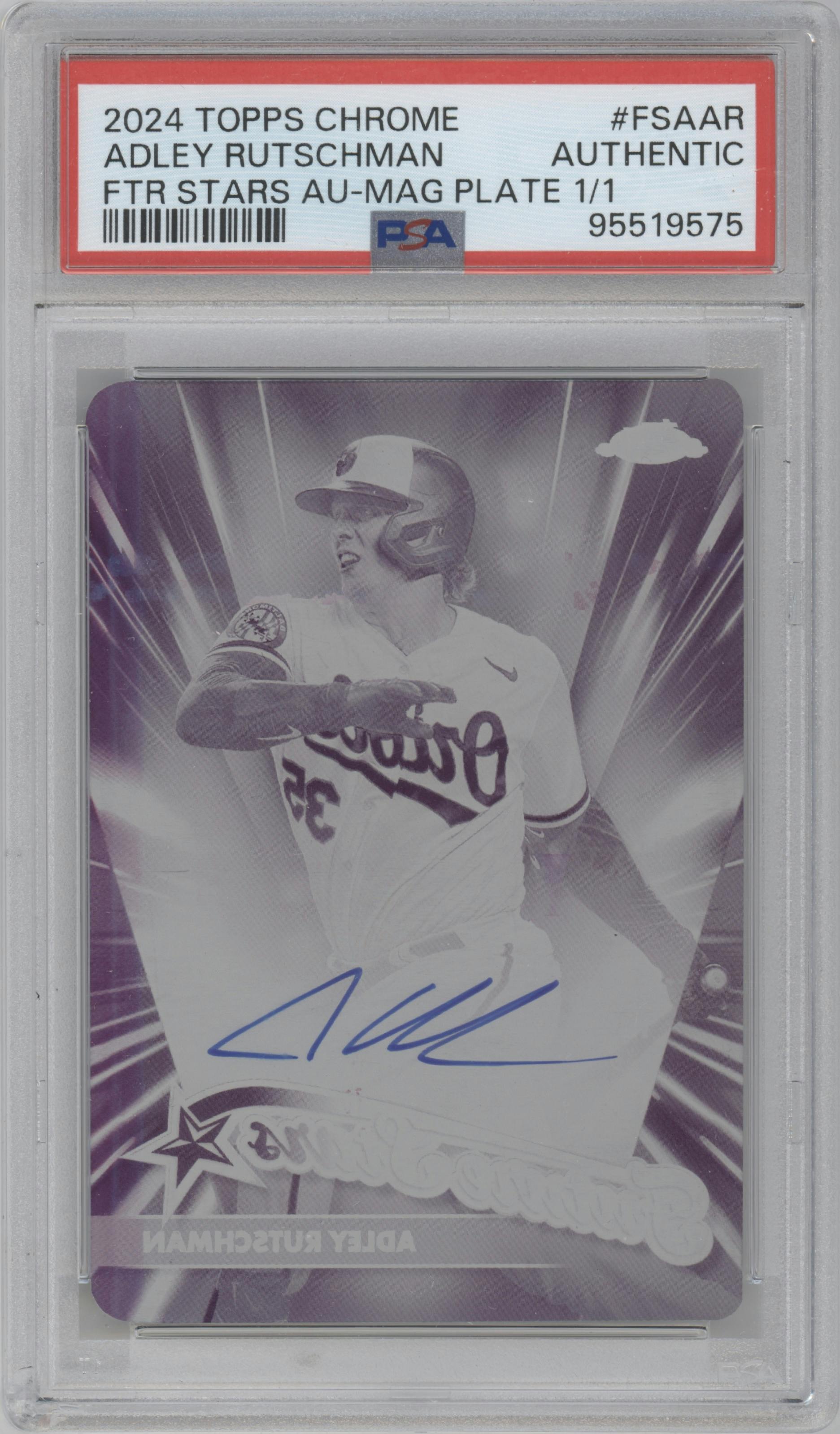 Adley Rutschman from the 2024 Topps Chrome set featuring a Printing Plate Magenta parallel graded by PSA.