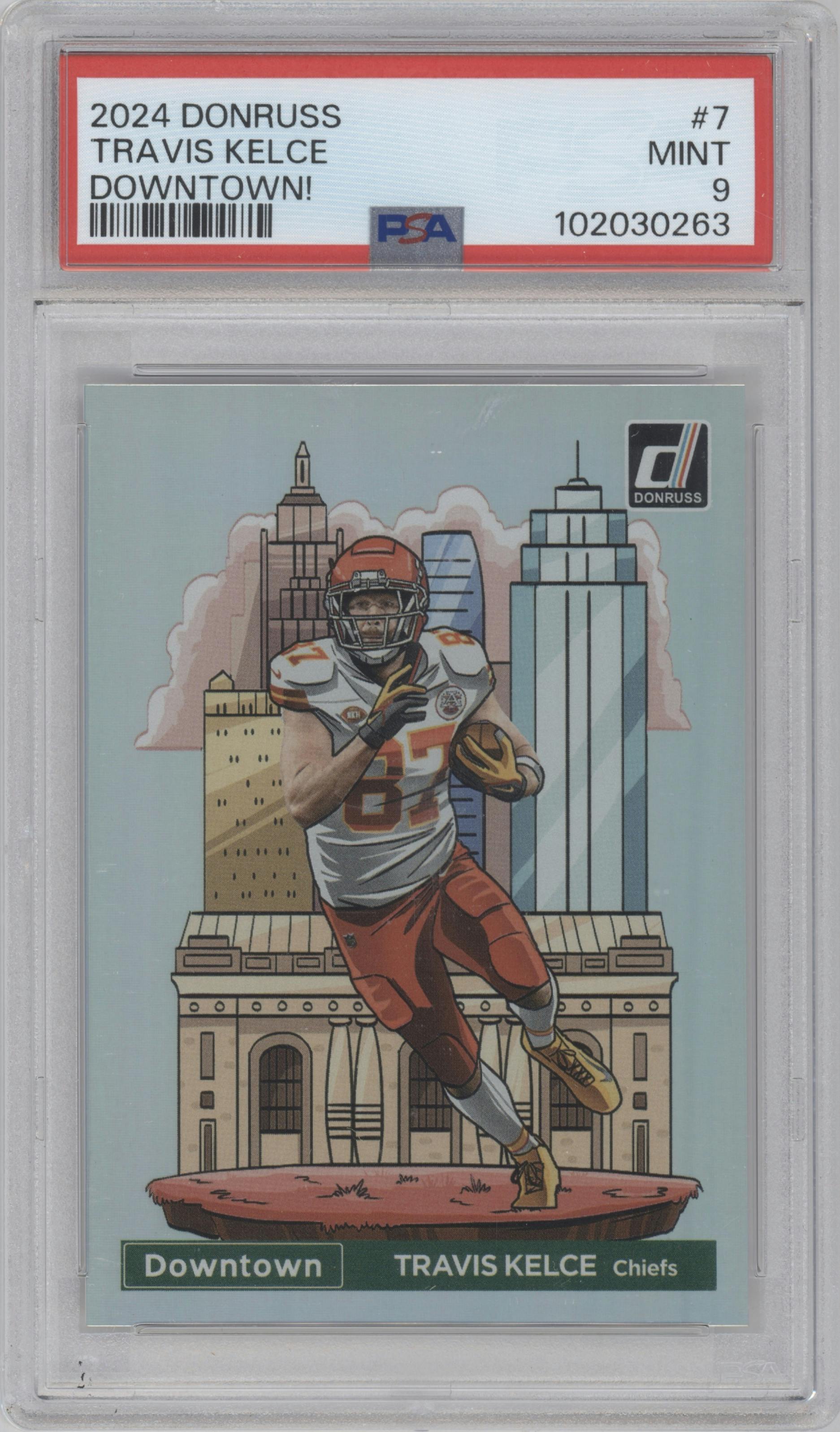 Travis Kelce from the 2024 Donruss set graded by PSA and given an overall grade of 9.