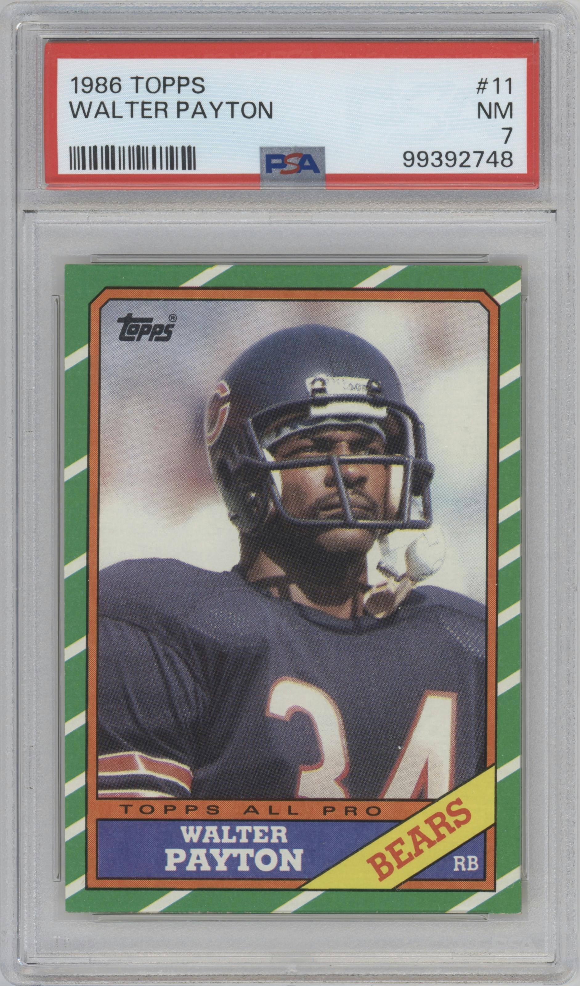 Walter Payton from the 1986 Topps set graded by PSA and given an overall grade of 7.