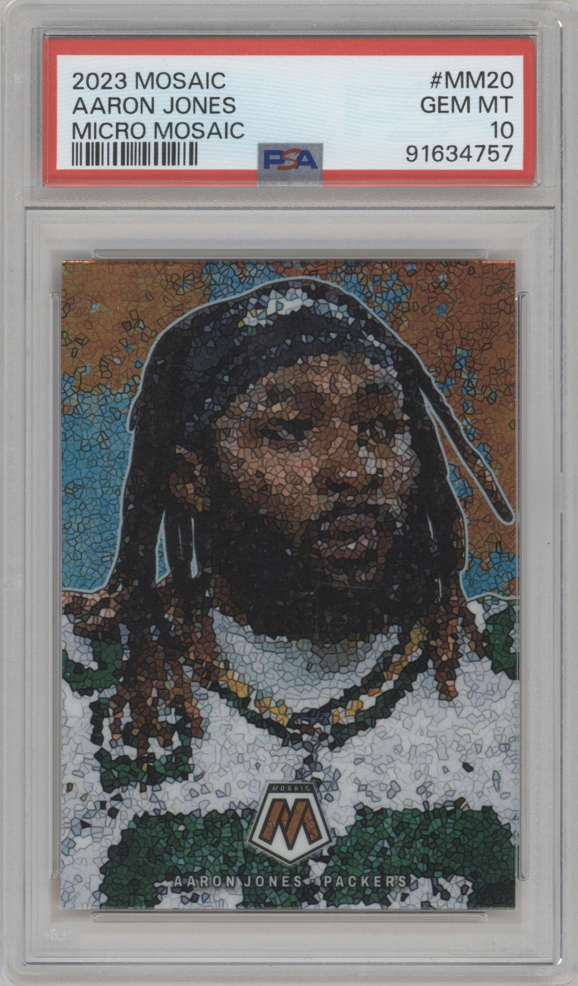 Aaron Jones from the 2023 Panini Mosaic set graded by PSA and given an overall grade of 10.