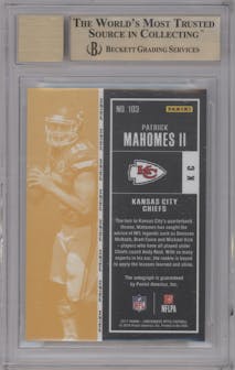 Patrick Mahomes II from the 2017 Panini Contenders Optic set graded by Beckett and given an overall grade of 9.5.