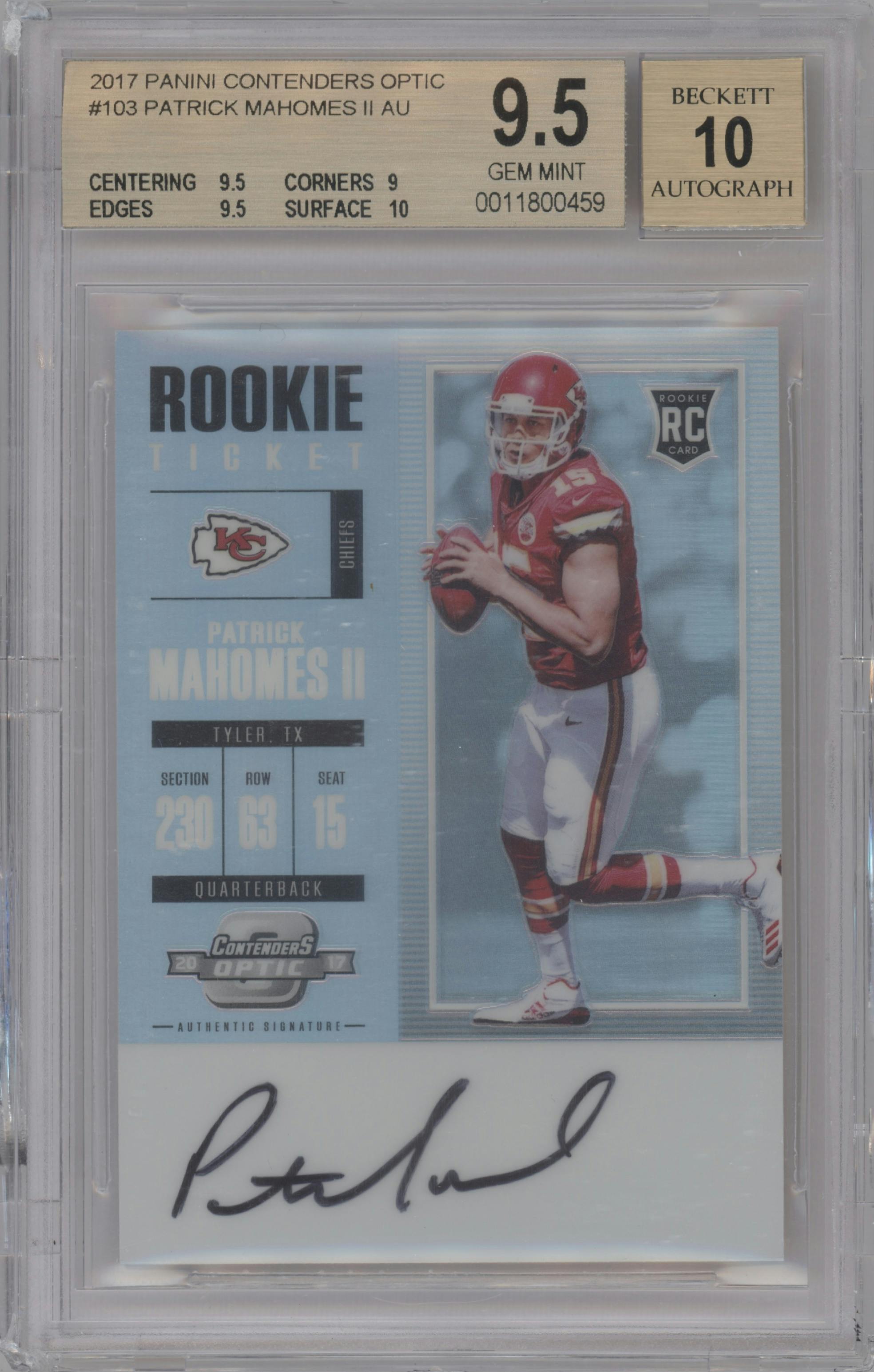 Patrick Mahomes II from the 2017 Panini Contenders Optic set graded by Beckett and given an overall grade of 9.5.