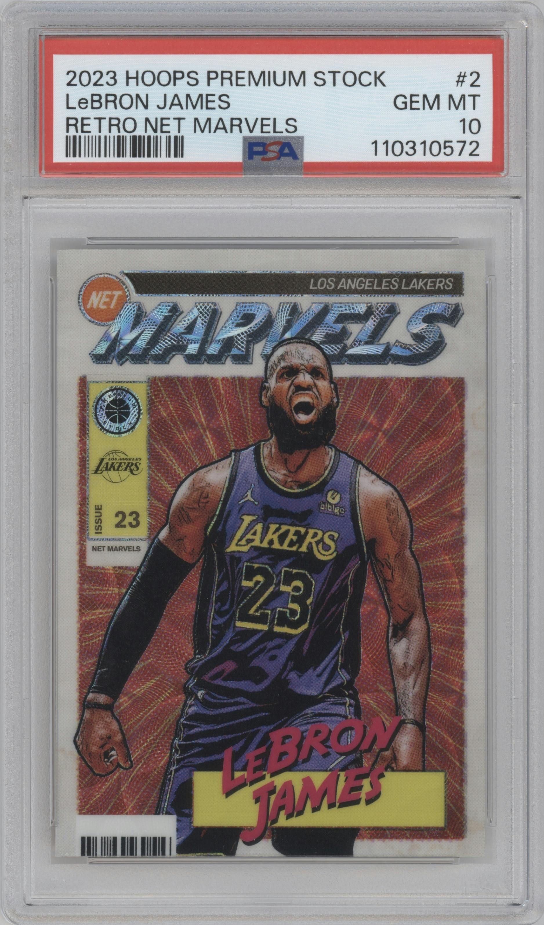 LeBron James from the 2023-24 Panini Hoops Premium Stock set graded by PSA and given an overall grade of 10.