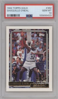 Shaquille O'Neal from the 1992-93 Topps set featuring a Gold parallel graded by PSA and given an overall grade of 10.