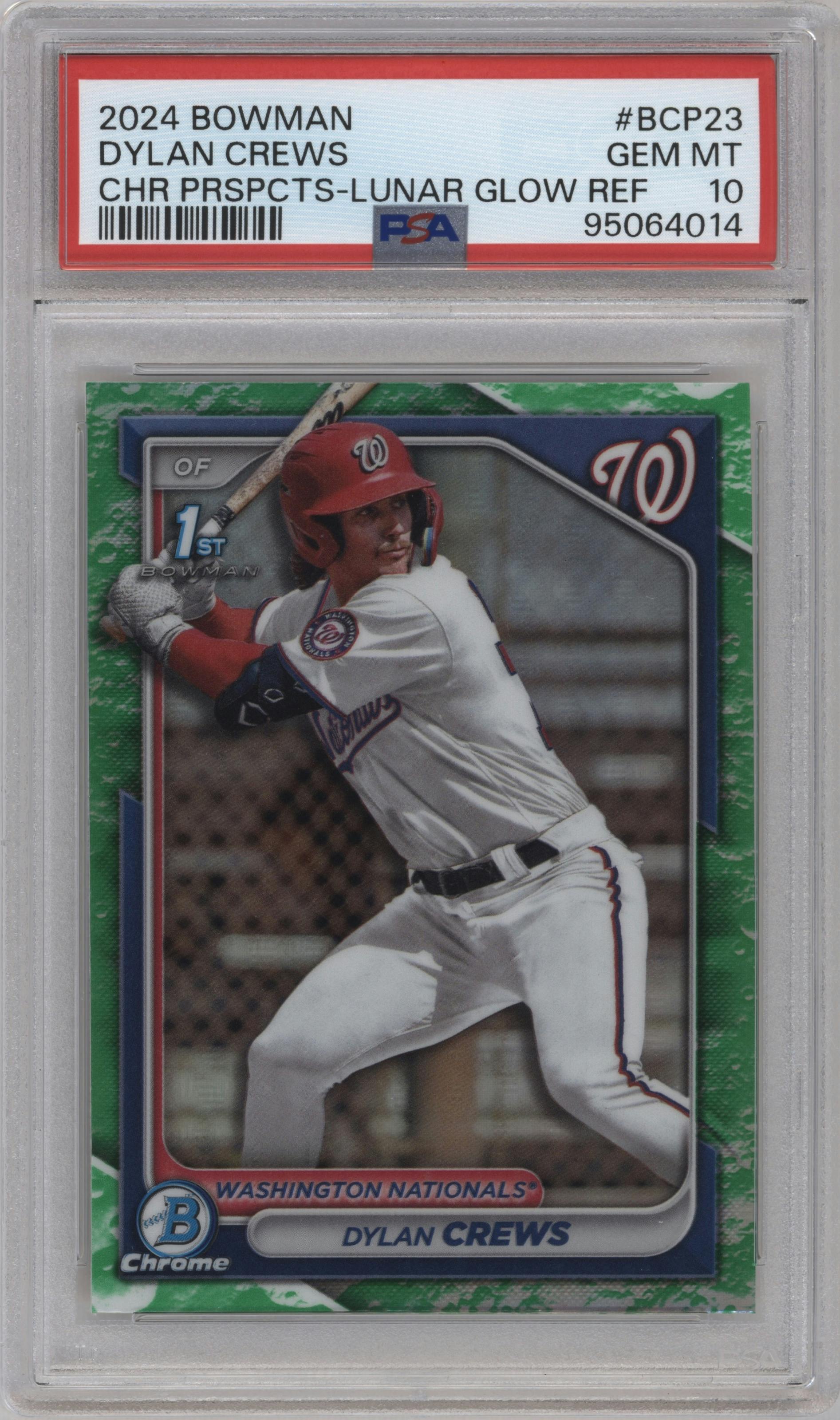 Dylan Crews from the 2024 Bowman set featuring a Lunar Glow Refractor parallel graded by PSA and given an overall grade of 10.