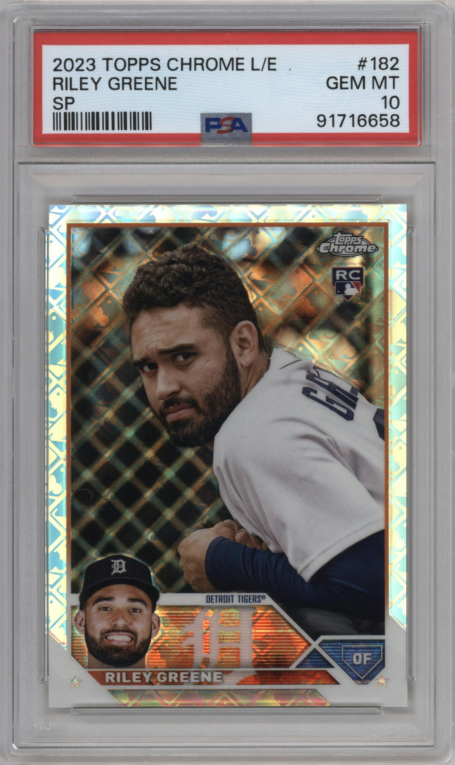 Riley Greene from the 2023 Topps Chrome Logofractor Edition set graded by PSA and given an overall grade of 10.