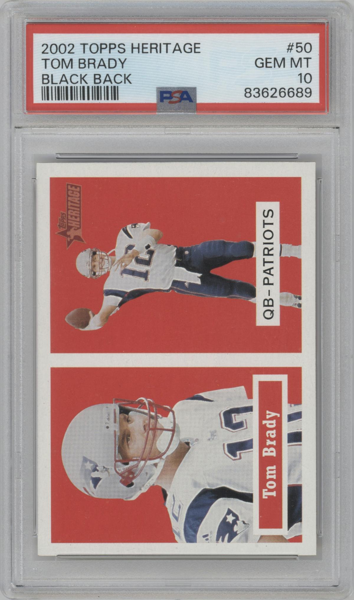 Tom Brady from the 2002 Topps Heritage set featuring a Black Back parallel graded by PSA and given an overall grade of 10.
