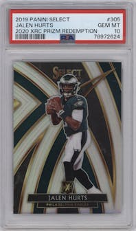 Jalen Hurts from the 2019 Panini Select  set graded by PSA and given an overall grade of 10.