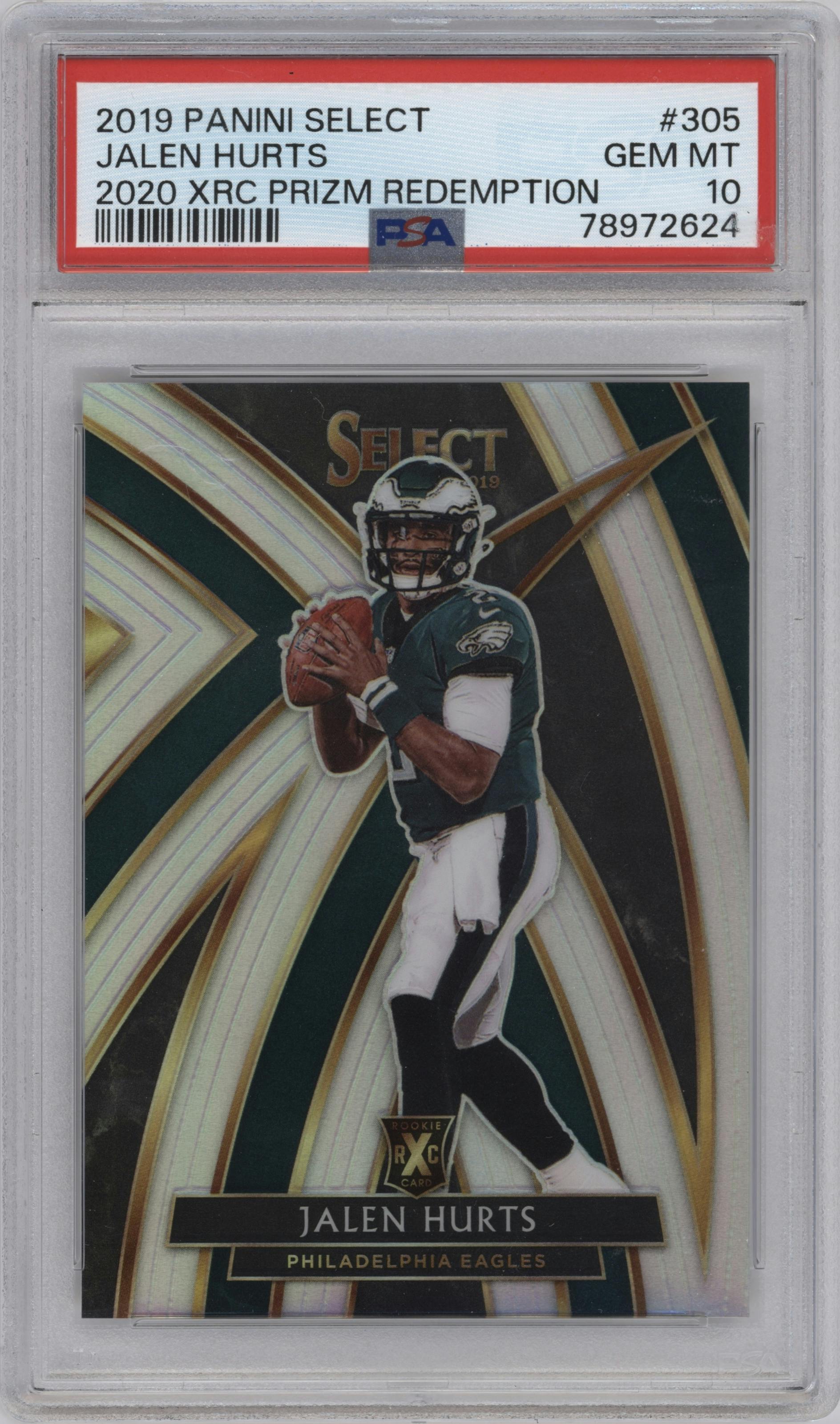 Jalen Hurts from the 2019 Panini Select  set graded by PSA and given an overall grade of 10.