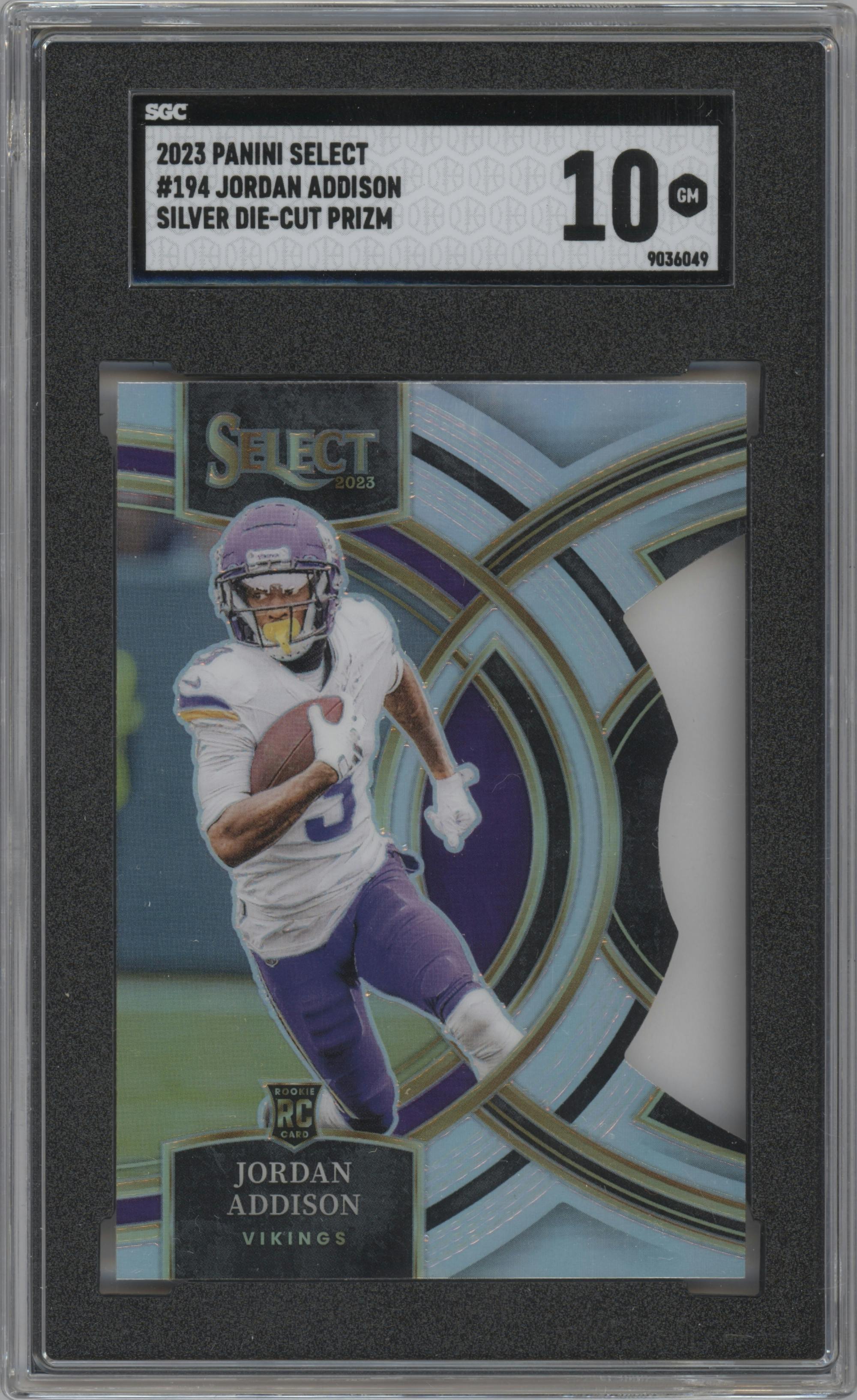 Jordan Addison from the 2023 Panini Select set featuring a Die-Cut Silver parallel graded by SGC and given an overall grade of 10.