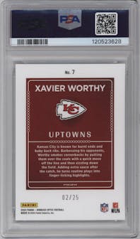 Xavier Worthy from the 2024 Donruss Optic set featuring a White Pandora parallel graded by PSA and given an overall grade of 9.