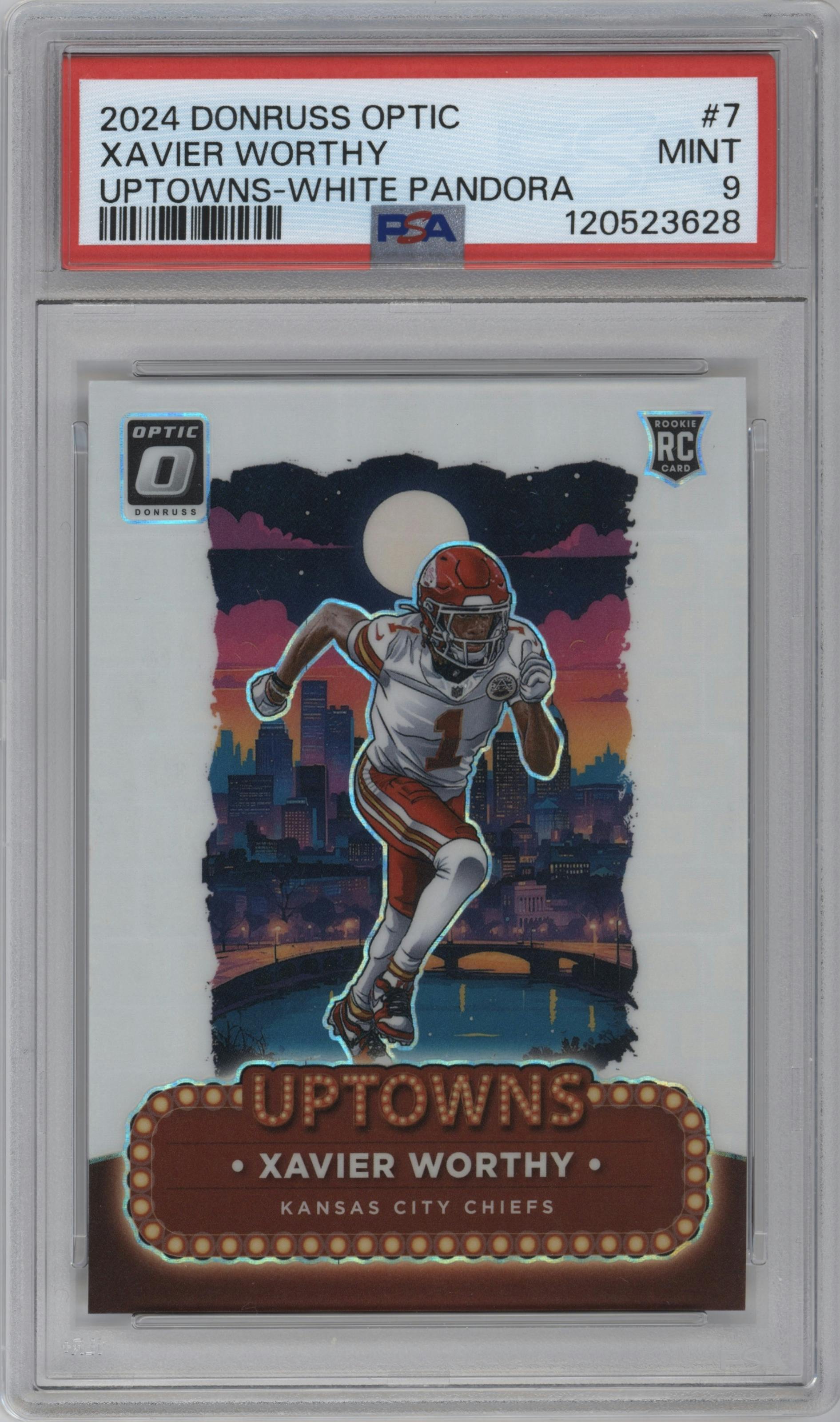 Xavier Worthy from the 2024 Donruss Optic set featuring a White Pandora parallel graded by PSA and given an overall grade of 9.