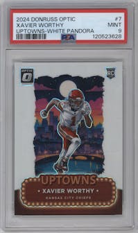 Xavier Worthy from the 2024 Donruss Optic set featuring a White Pandora parallel graded by PSA and given an overall grade of 9.