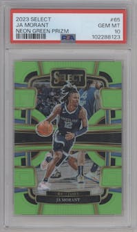 Ja Morant from the 2023-24 Panini Select  set featuring a Neon Green Prizm parallel graded by PSA and given an overall grade of 10.