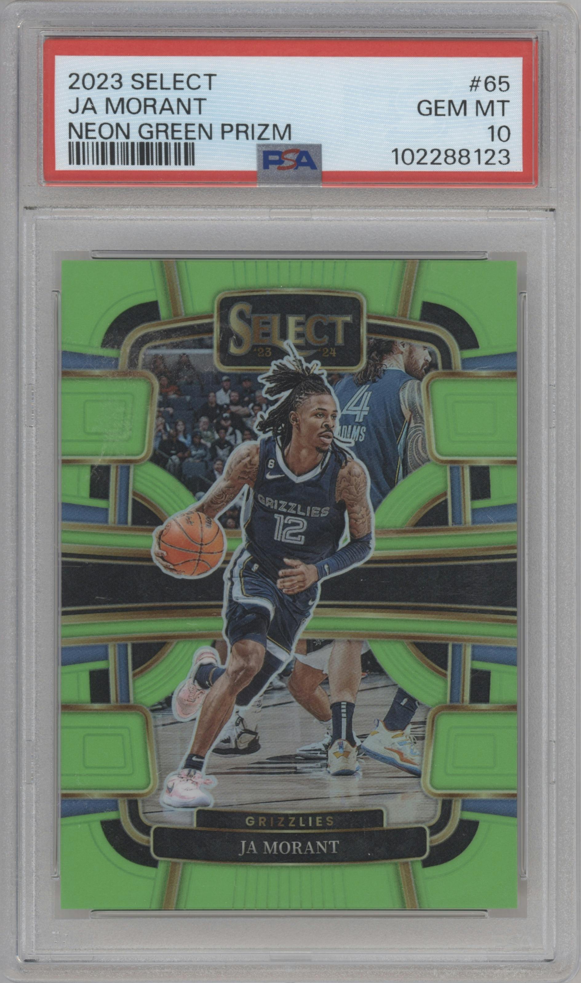 Ja Morant from the 2023-24 Panini Select  set featuring a Neon Green Prizm parallel graded by PSA and given an overall grade of 10.