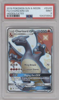 Charizard GX from the 2019 Pokemon S&M  set graded by PSA and given an overall grade of 9.