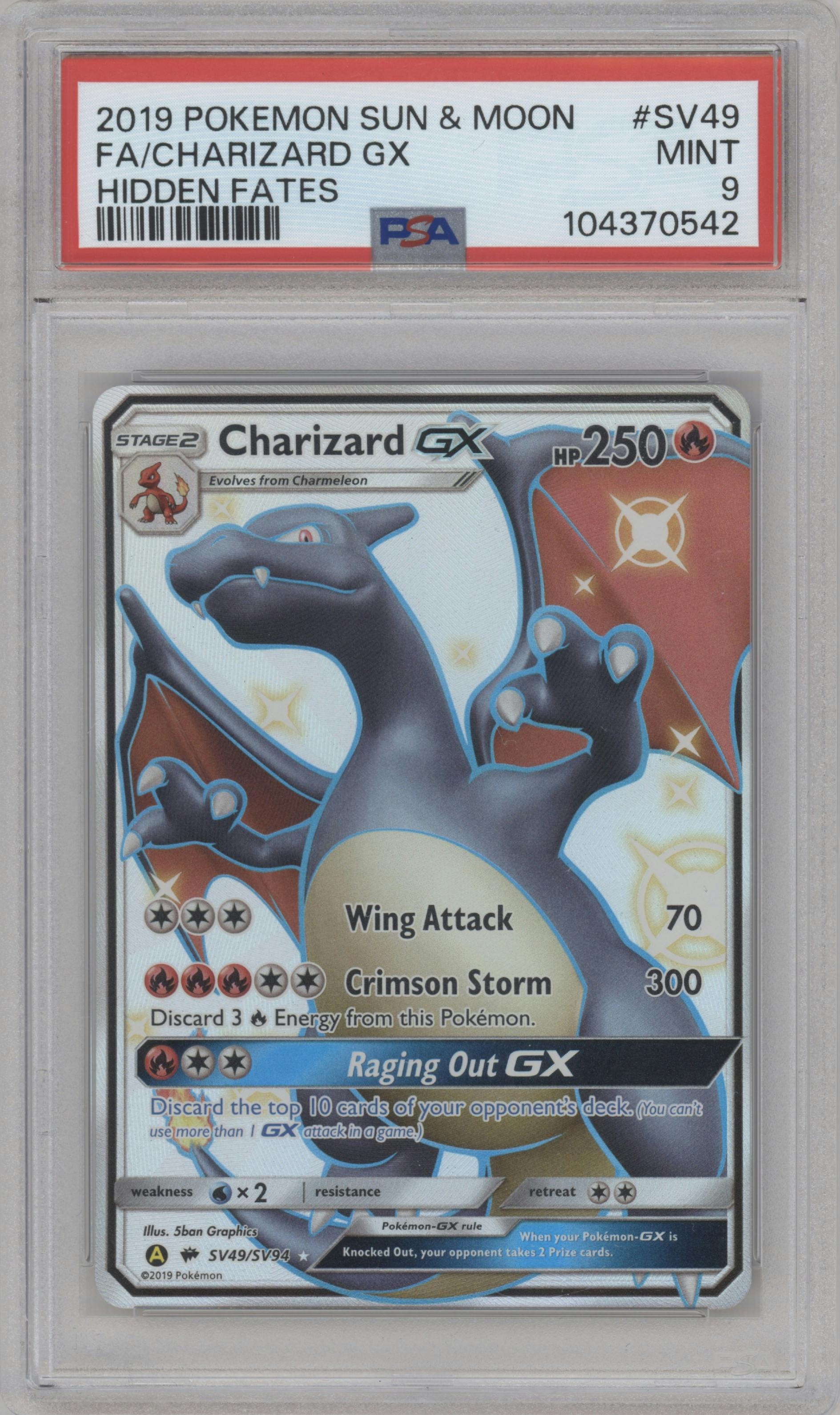 Charizard GX from the 2019 Pokemon S&M  set graded by PSA and given an overall grade of 9.