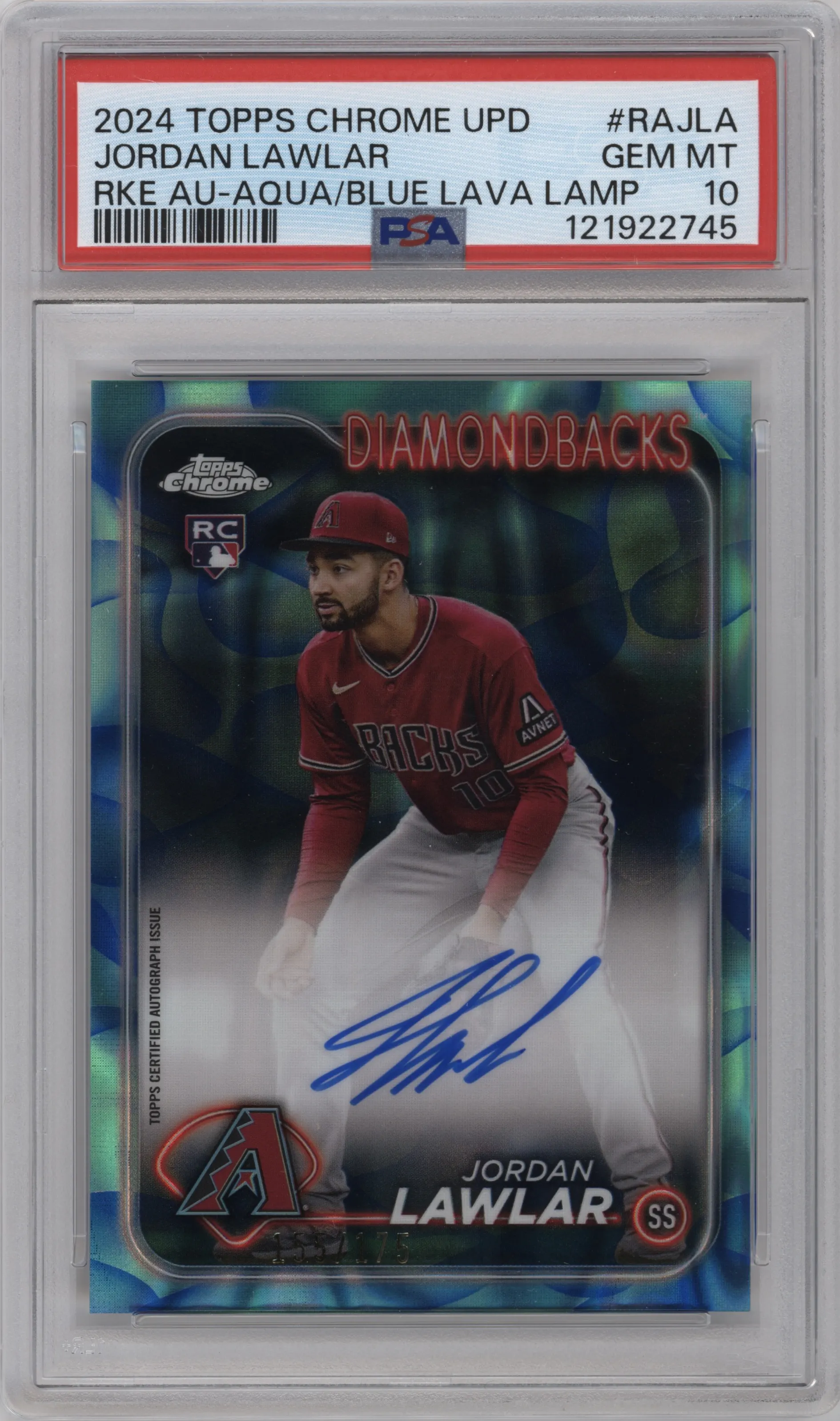 2024 Topps Chrome Update Rke.Au. Jordan Lawlar Lava Lamp Aqua / Blue Refractors #RA-JLA PSA 10
