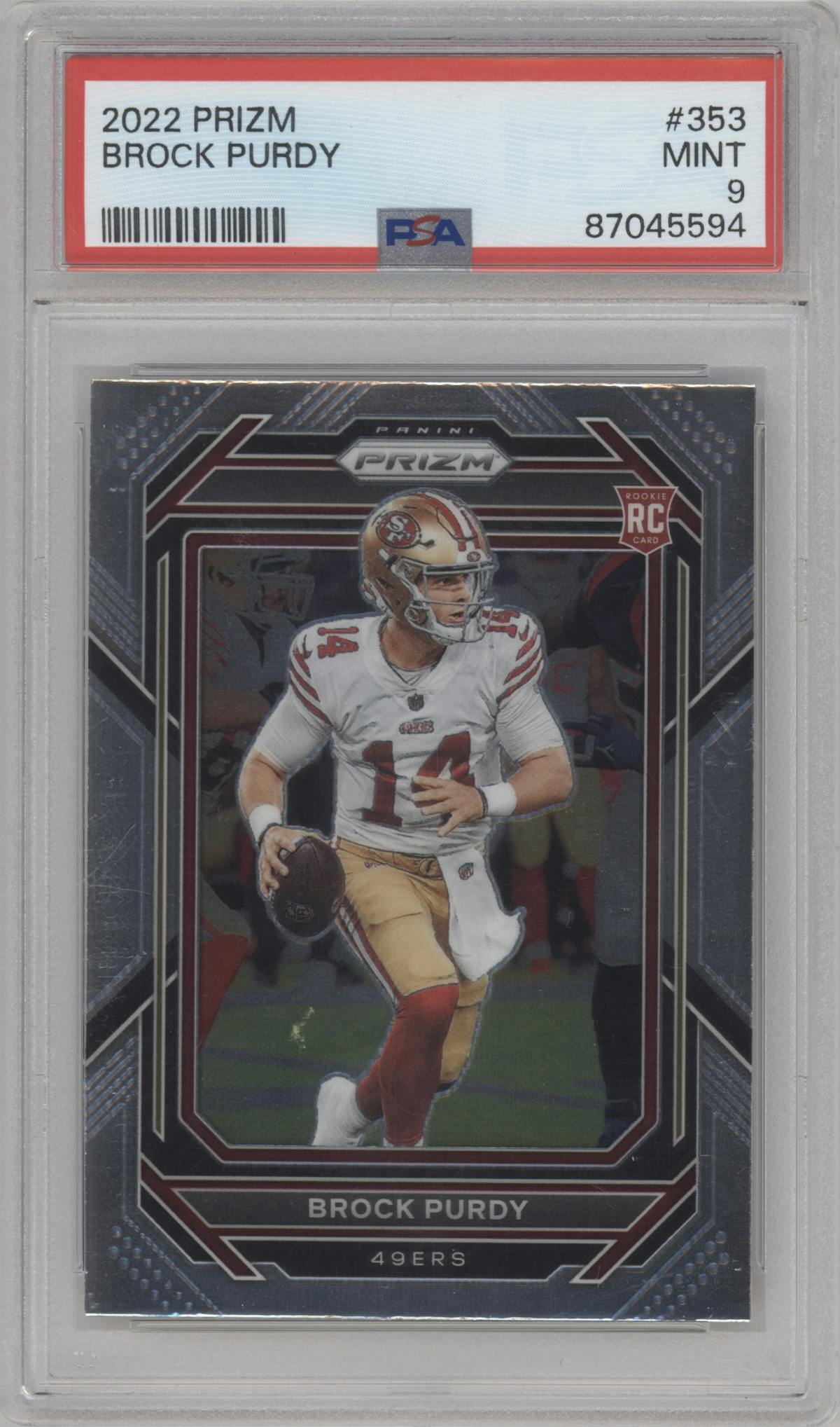 Brock Purdy from the 2022 Panini Prizm set graded by PSA and given an overall grade of 9.
