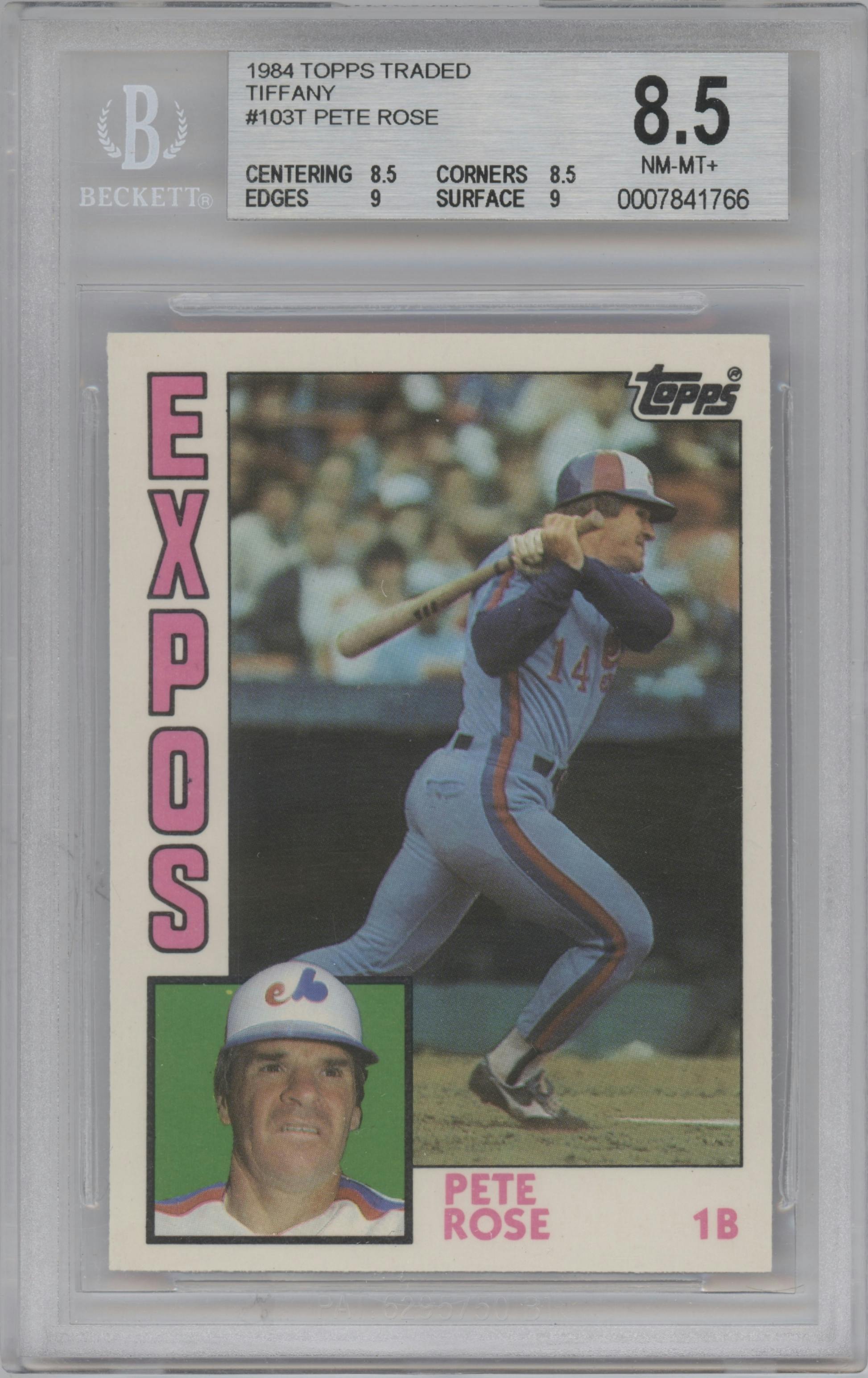 Pete Rose from the 1984 Topps Traded set featuring a Tiffany parallel graded by Beckett and given an overall grade of 8.5.