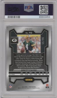 Brett Favre from the 2023 Panini Prizm set featuring a Blue Sparkle parallel graded by PSA and given an overall grade of 10.