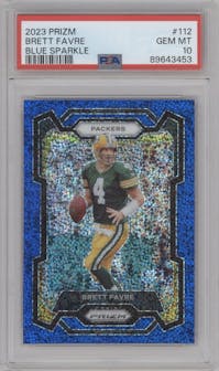 Brett Favre from the 2023 Panini Prizm set featuring a Blue Sparkle parallel graded by PSA and given an overall grade of 10.