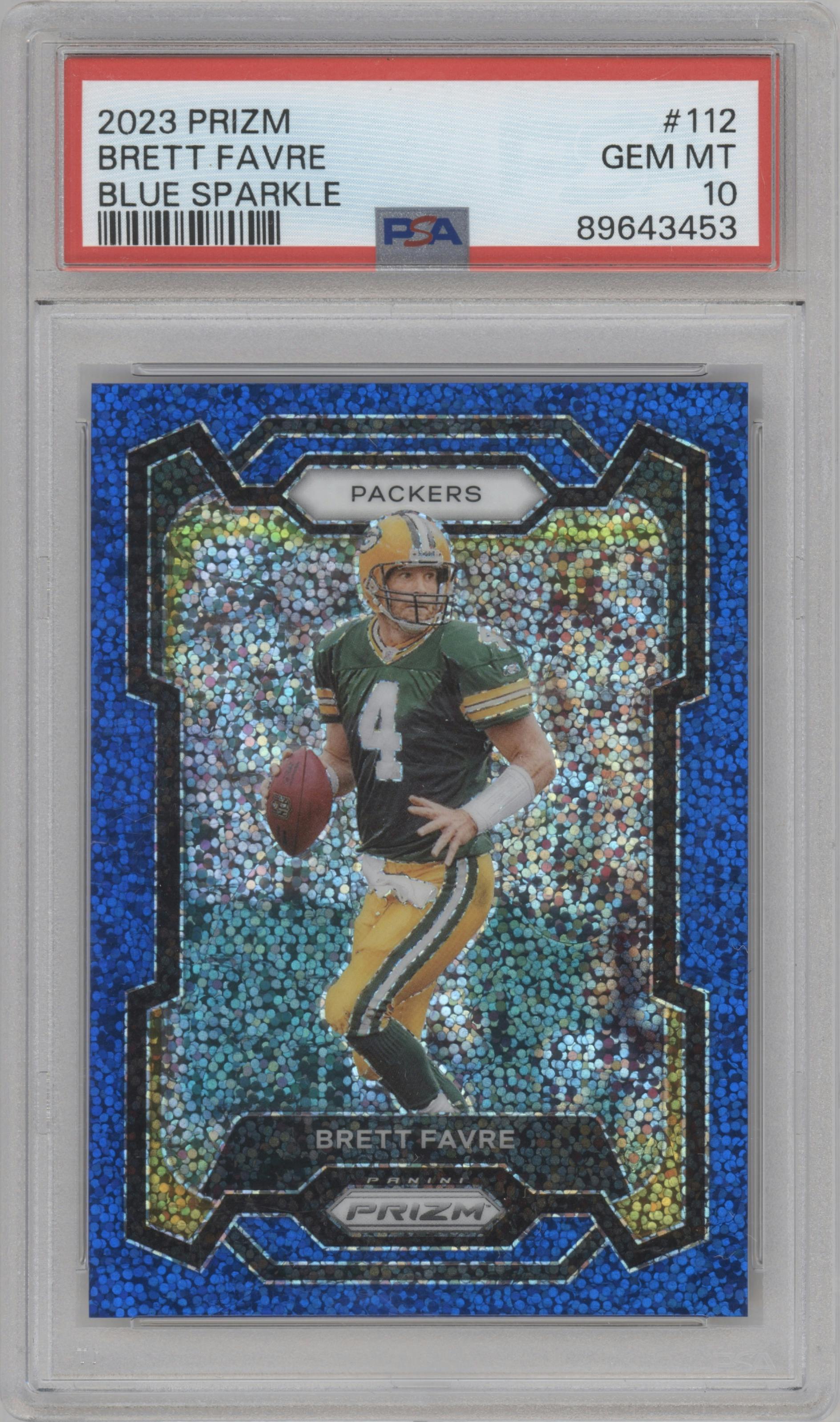 Brett Favre from the 2023 Panini Prizm set featuring a Blue Sparkle parallel graded by PSA and given an overall grade of 10.