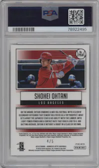 Shohei Ohtani from the 2018 Panini Donruss Optic set featuring a Green parallel graded by PSA and given an overall grade of 9.