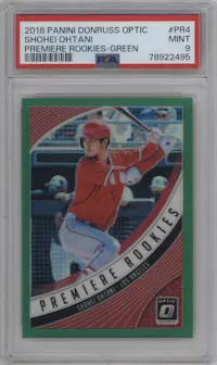 Shohei Ohtani from the 2018 Panini Donruss Optic set featuring a Green parallel graded by PSA and given an overall grade of 9.