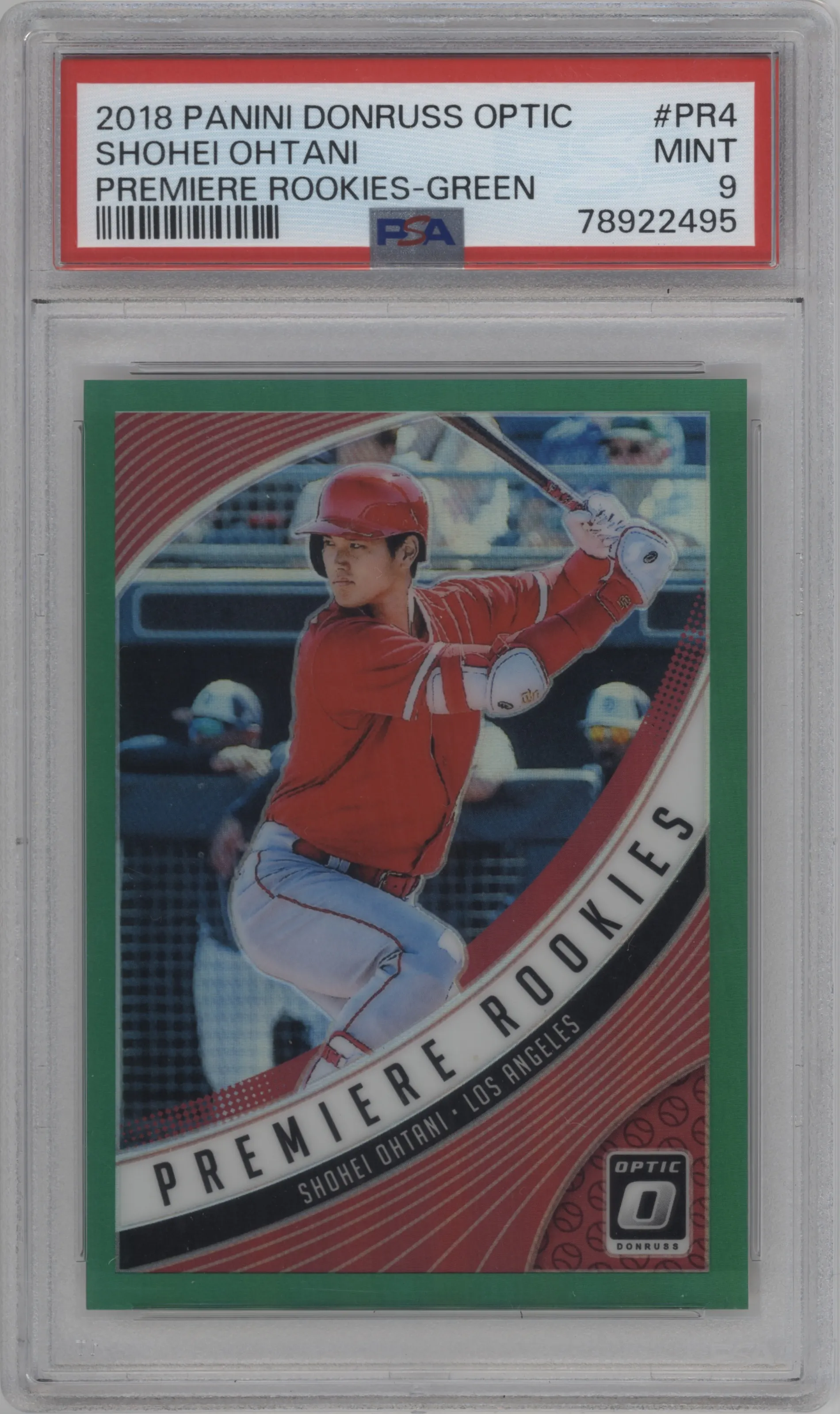 Shohei Ohtani from the 2018 Panini Donruss Optic set featuring a Green parallel graded by PSA and given an overall grade of 9.