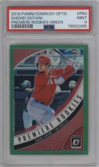 Shohei Ohtani from the 2018 Panini Donruss Optic set featuring a Green parallel graded by PSA and given an overall grade of 9.