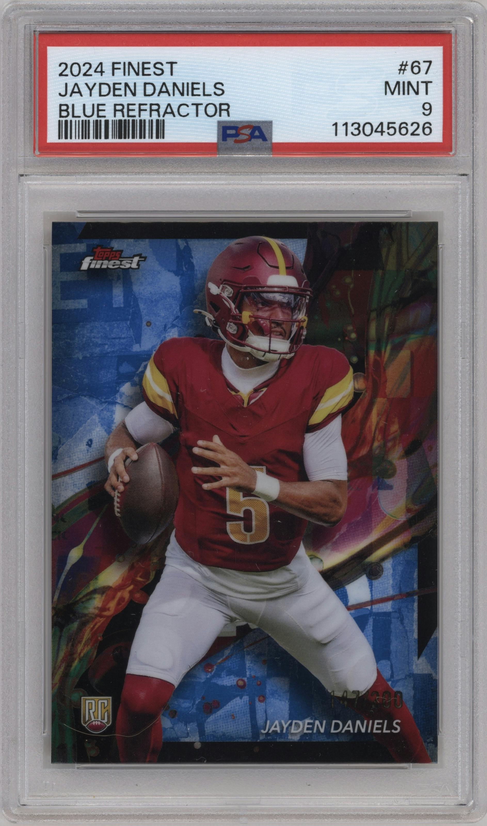 Jayden Daniels from the 2024 Finest set featuring a Blue Refractor parallel graded by PSA and given an overall grade of 9.