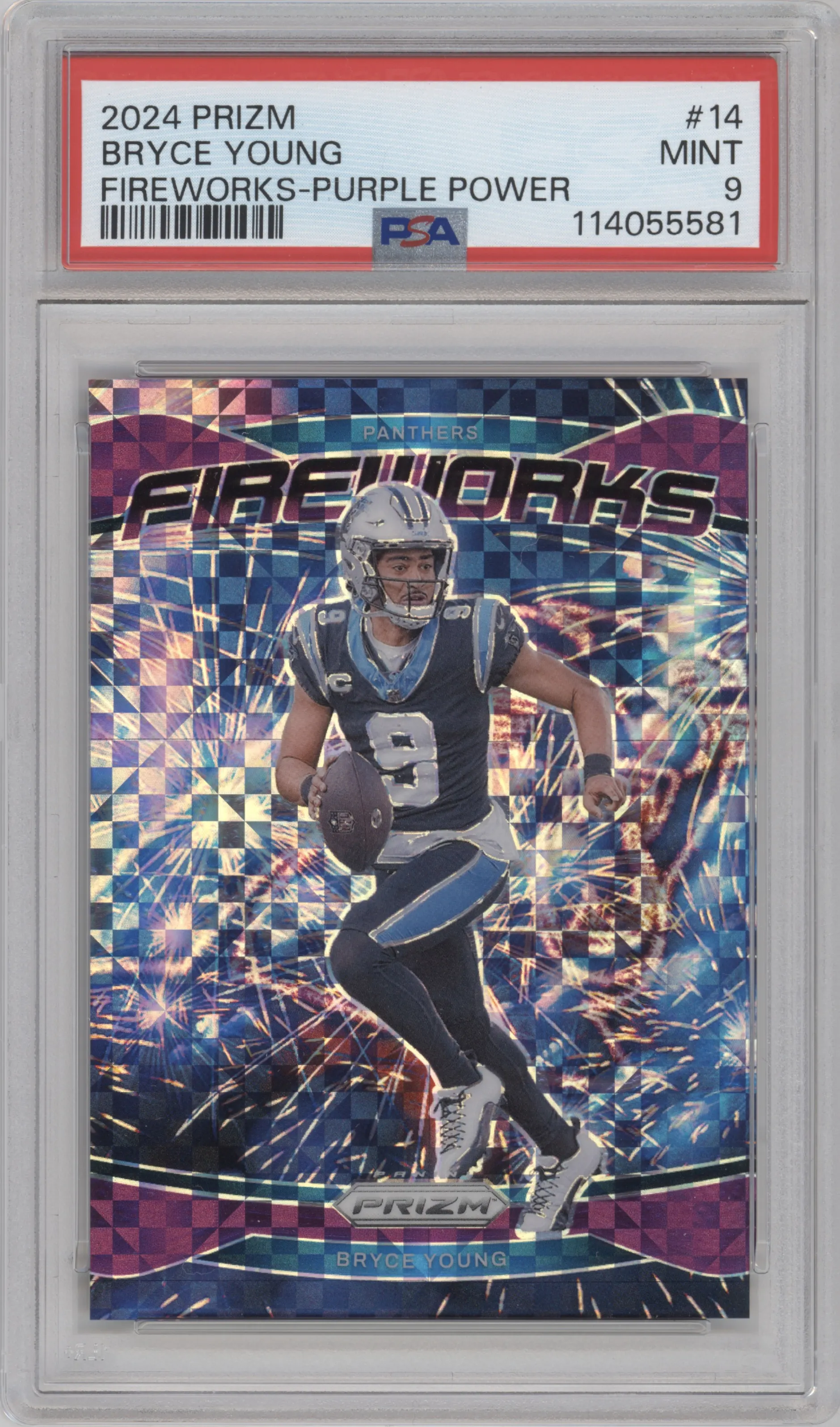 Bryce Young from the 2024 Panini Prizm set featuring a Purple Power Prizm parallel graded by PSA and given an overall grade of 9.