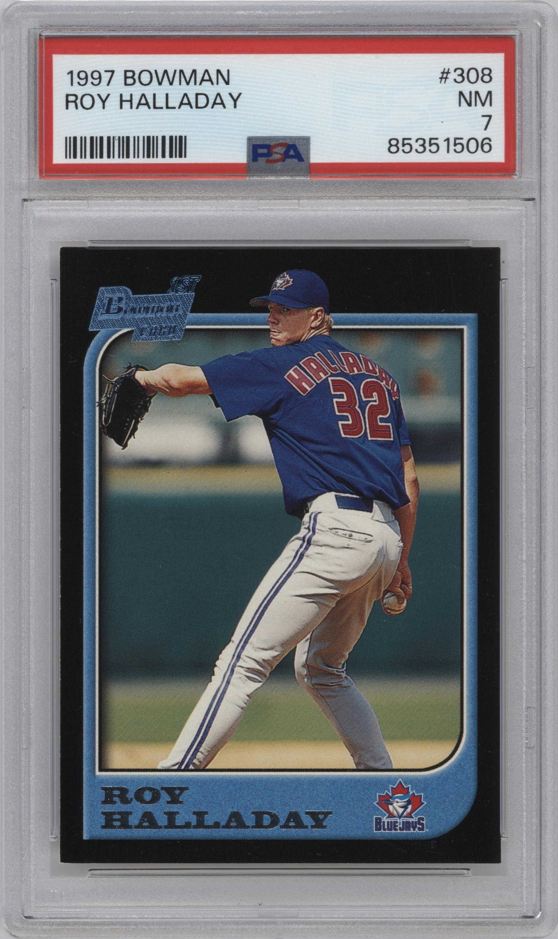 Roy Halladay from the 1997 Bowman set graded by PSA and given an overall grade of 7.