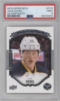Jack Eichel from the 2015-16 Upper Deck Series 2  – e-Pack Release set graded by PSA and given an overall grade of 9.