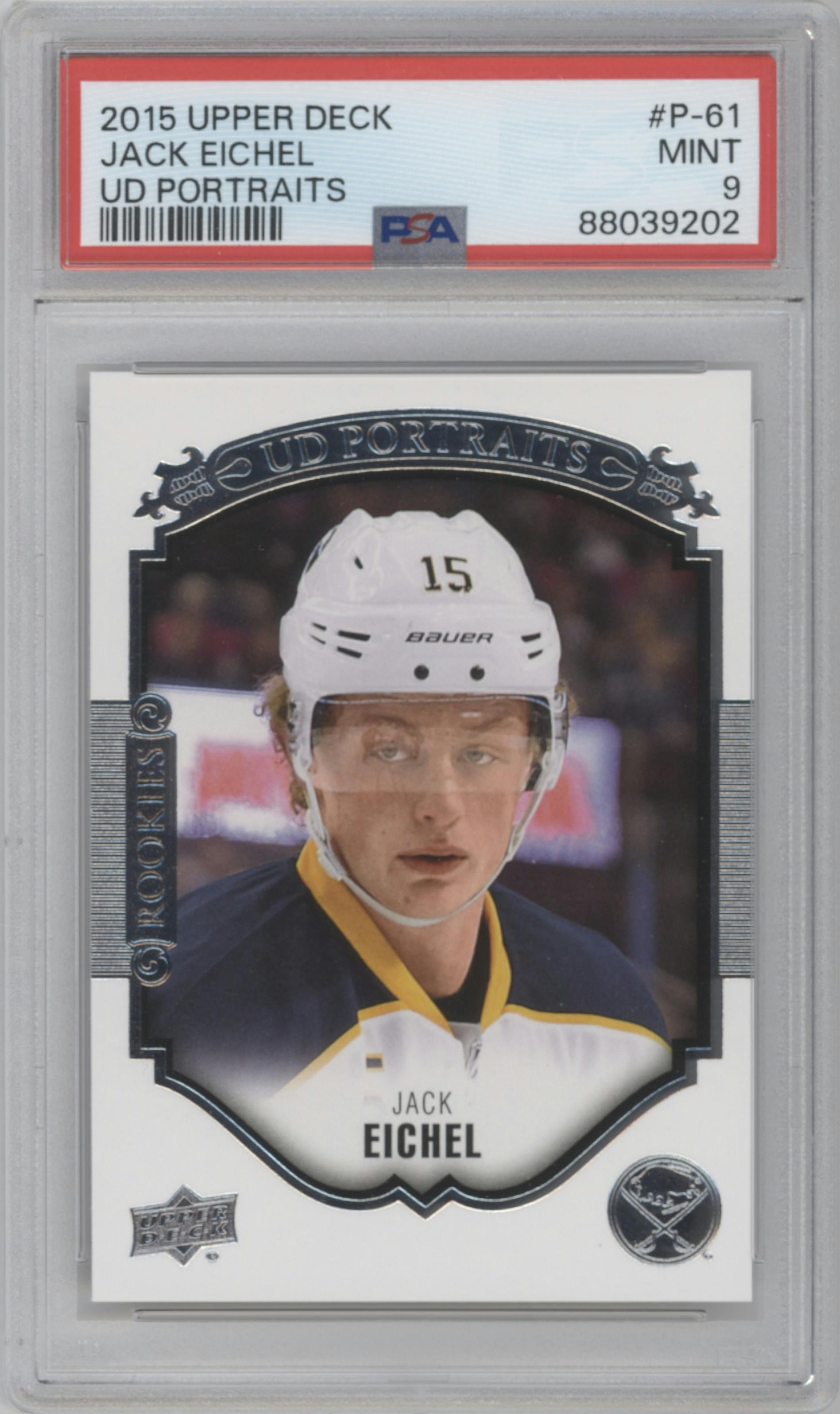 Jack Eichel from the 2015-16 Upper Deck Series 2  – e-Pack Release set graded by PSA and given an overall grade of 9.