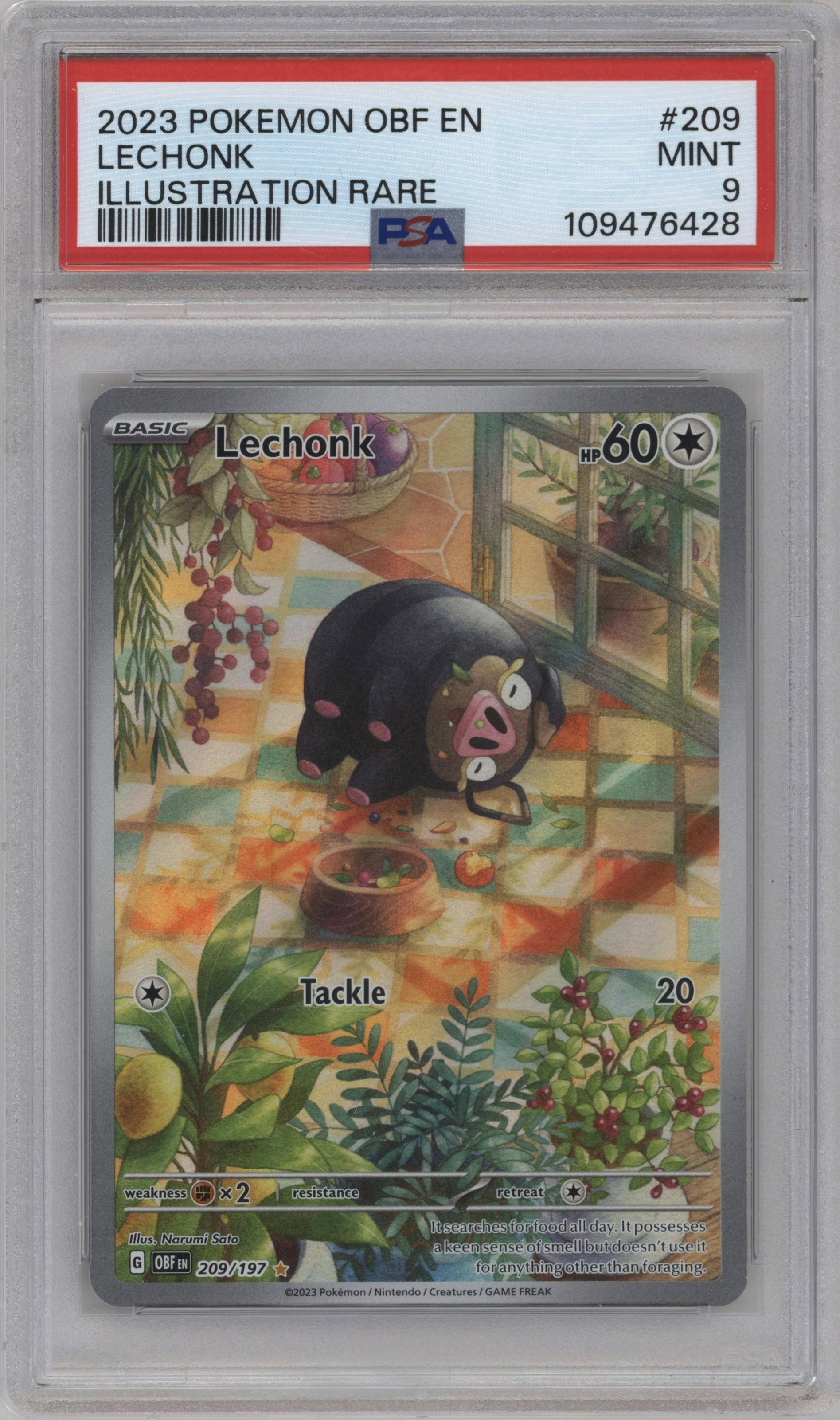 Lechonk from the 2023 Pokemon SV set graded by PSA and given an overall grade of 9.