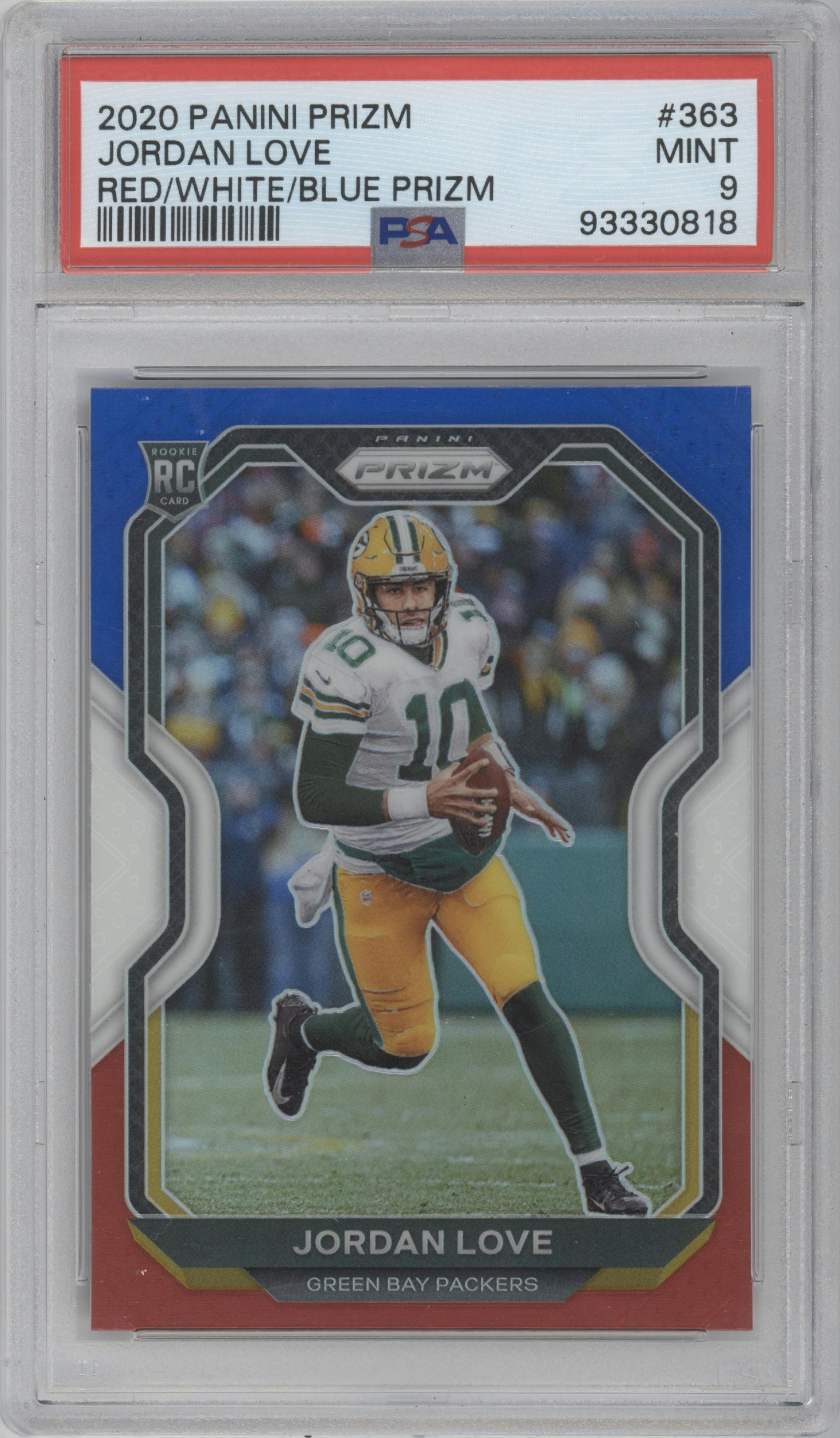 Jordan Love from the 2020 Panini Prizm set featuring a Red/White/Blue Prizm parallel graded by PSA and given an overall grade of 9.