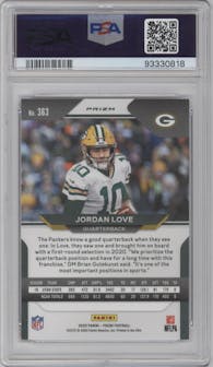 Jordan Love from the 2020 Panini Prizm set featuring a Red/White/Blue Prizm parallel graded by PSA and given an overall grade of 9.