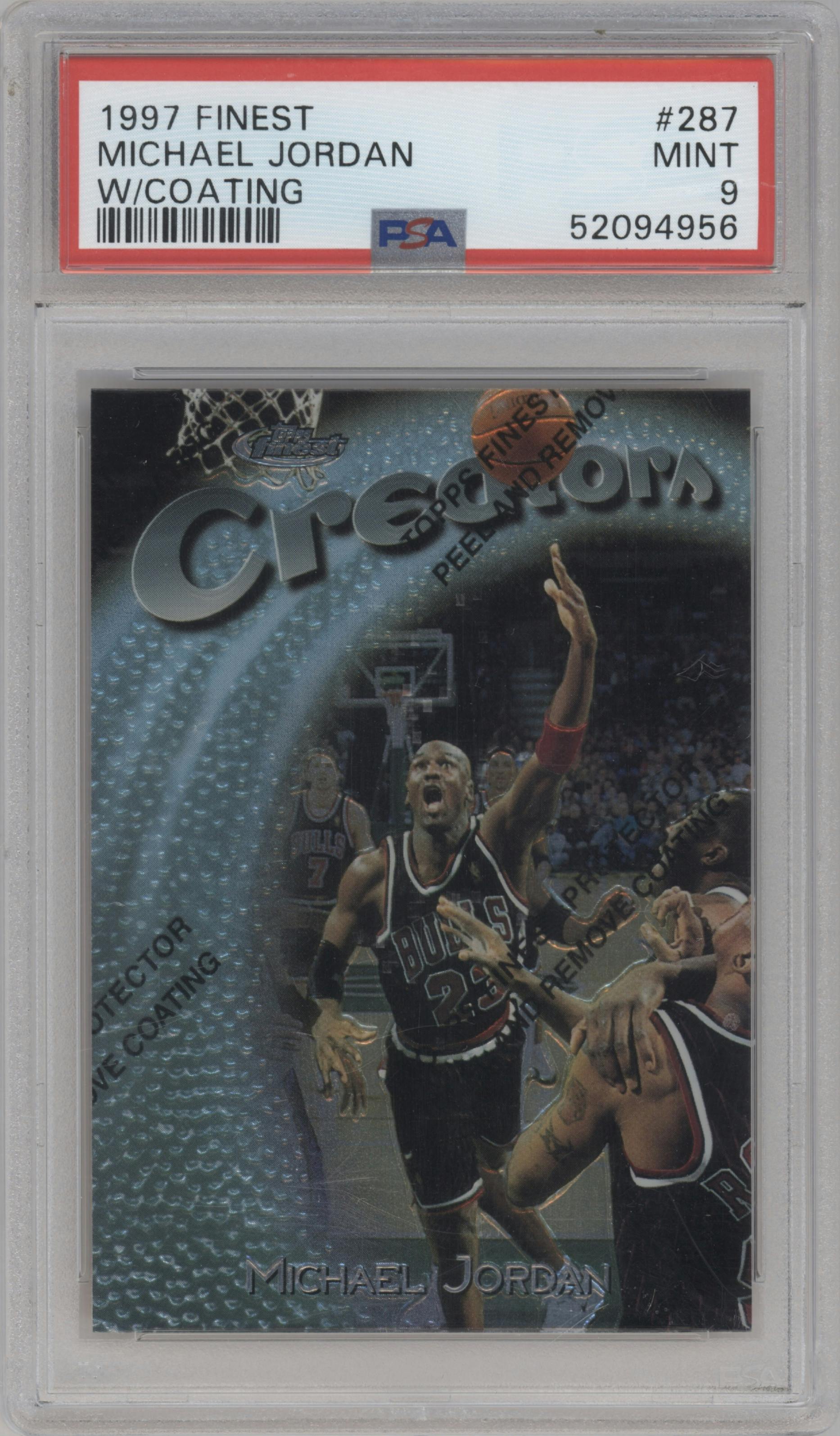Michael Jordan from the 1997-98 Topps Finest set featuring a W/ Coating parallel graded by PSA and given an overall grade of 9.